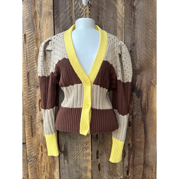 Calligraphie Y2K  XL Preppy Chunky Knit Puff Sleeve Cardigan Retro Y2K Revival - Picture 1 of 14